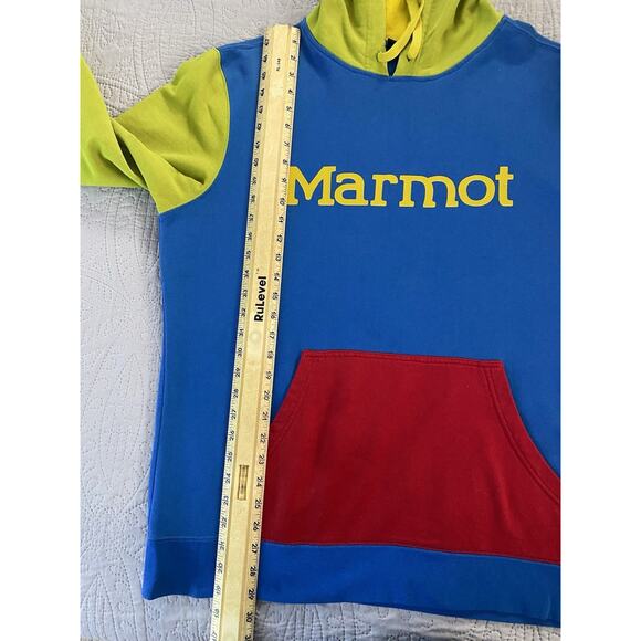 Vtg 90’s Marmot Colorblock Sz L LS Kangaroo Pocket Hoodie Back Graphic - Picture 6 of 7